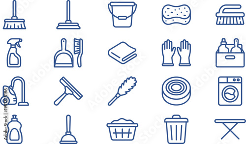 Detailed blue outline vector icons representing a wide array of cleaning and household maintenance tools.