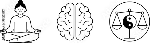 Mindfulness and Balance: An illustrated representation of meditation, brain and balance symbolizing the harmony of mind and the pursuit of inner peace.