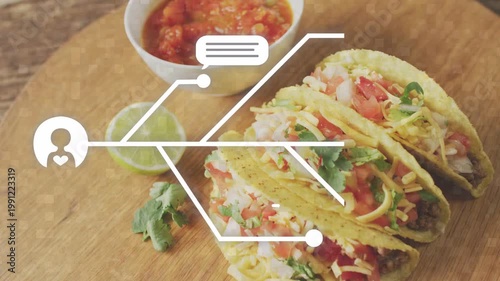 Left-side graphics appearing and moving across tacos, highlighting AI chat nodes for menu ideas
