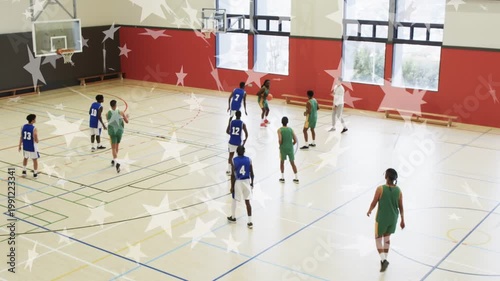 Green basketball player dribbling right, passing, shooting for score with star overlay hiding court