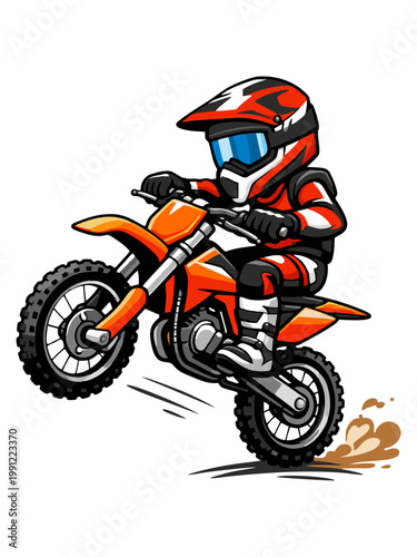 Cartoon Illustration of a Dirt Bike Racer Doing a Wheelie