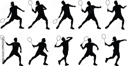 10 Black Silhouettes of Badminton Players in Action, Vector Illustration