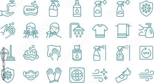 A collection of teal line icons illustrating various hygiene practices and effective sanitizing methods for everyday use