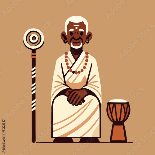 Flat illustration of an elderly tribal chief wearing a white robe with a drum and staff in a brown background
