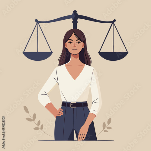 Flat Illustration of Confident Woman with Scales of Justice Balanced Above on Beige Background