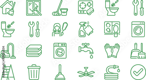 Green line art icons representing essential household cleaning maintenance tasks for domestic chores and professional home services