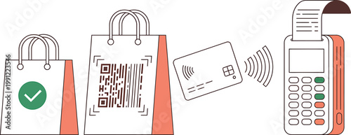 Modern shopping and payment process with QR code, barcode, and contactless card