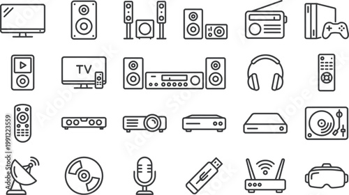 Collection of thin line icons representing modern consumer electronics and various multimedia communication devices for digital interfaces