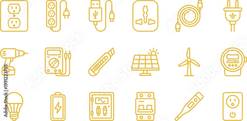 Modern set of yellow outline icons representing electricity, power, tools, and sustainable energy concepts.
