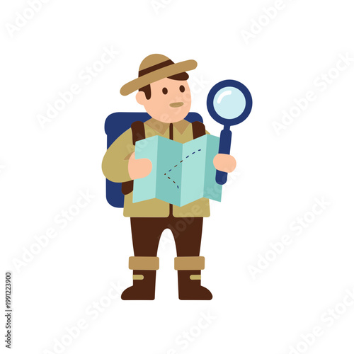 Explorer with Map and Magnifying Glass, Adventure and Discovery Concept