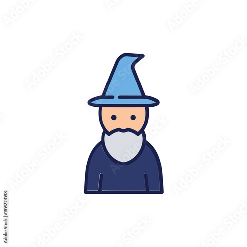 Fantasy Wizard Character Icon with Blue Hat and Beard on White Background