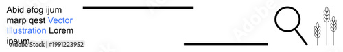 Agriculture, research, food industry, data analysis, sustainability, information search. Magnifying glass, text lines and wheat icons. Agriculture and research concept