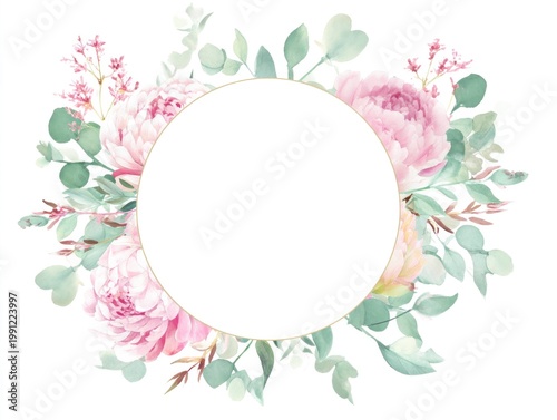 Floral wreath with pink peonies and green eucalyptus leaves surrounding a circular frame, perfect for invitations, greeting cards, and decorative design projects.