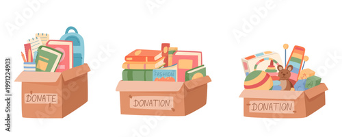 Set of donation help box in soft pastel color cartoon graphic style. Charity gift box with toy and book support child and children in need. Warm brown with school goods kids play item, ideal for