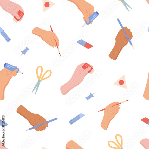 Artist hand pattern with stationery and art supplies seamless. Cartoon hands with tool sets create a seamless background. School craft object idea for study and education, creative workshop theme,