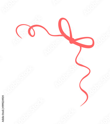 Curly red coquette wedding bow sketch. Cute girly ribbon knot as romantic ornament and simple background accent. Hand drawn bow frame idea for invite and card decoration with white space whimsical