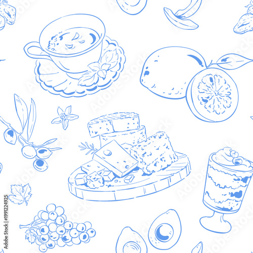 Whimsical mediterranean breakfast pattern in blue seamless. Hand drawn food doodle shows olive and lemon as gourmet meal detail. Cute italian dessert plate with cheese and avocado suits cafe menu