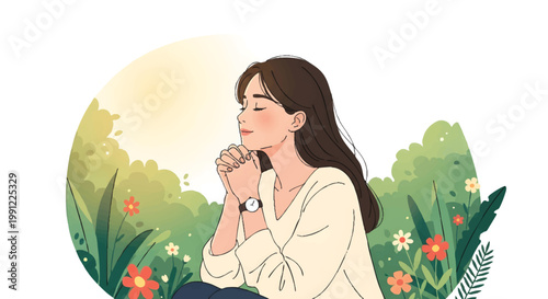 Young woman praying or meditating in a peaceful garden, mindfulness and mental health concept illustration with flowers and nature background
