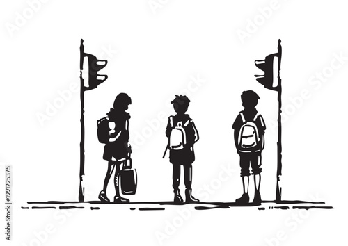 通学途中の子供たちが信号待ちする交通安全イラスト
