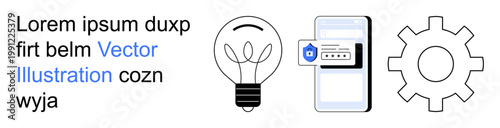 Cybersecurity, innovation, technology solutions, system optimization, software development, mobile authentication. Smartphone with a shield icon, light bulb gear symbol. Cybersecurity and innovation