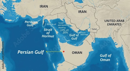 A detailed geographic map illustrating the strategic strait of hormuz and the persian gulf region.