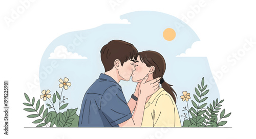Romantic young couple kissing outdoors in a flower garden with a sunny sky background, flat vector illustration of love, dating, and affection.