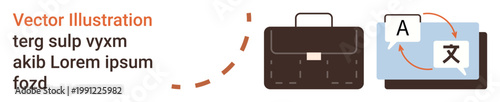Language learning, globalization, business communication, translation services, international work, education tools. A briefcase and a computer with translation icons. Language learning