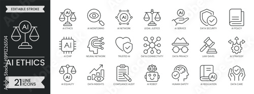 AI ethics outline icon set. Containing data privacy, security, legal, regulation, neural network, technology, protection, intelligence, safety and more. Editable stroke icons pack. Vector illustration