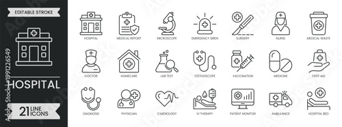 Hospital outline icon set. Containing healthcare, medical, clinic, medicine, doctor, emergency, health, patient care, therapy, laboratory and more. Editable stroke icons pack. Vector illustration