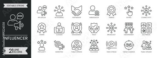 Influencer outline icon set. Containing social media, content, creator, engagement, networking, partnership, broadcast, audience, promotion and more. Editable stroke icons pack. Vector illustration