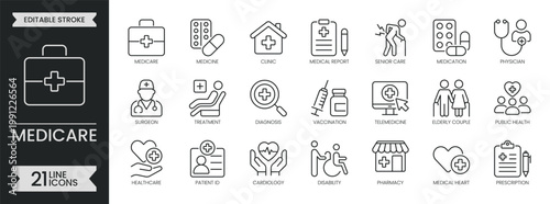 Medicare outline icon set. Containing healthcare medical, hospital, medicine, pharmacy, doctor, physician, diagnosis, treatment, patient and more. Editable stroke icons pack. Vector illustration