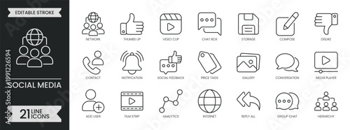 Social media outline icon set. Containing communication, network, digital, marketing, internet, chat, message, notification, contact, like and more. Editable stroke icons pack. Vector illustration