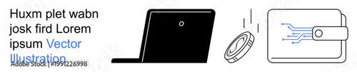Fintech, e-wallet, payment systems, digital transactions, blockchain, cryptocurrency finance. Stylized coin, wallet with circuit and laptop. Fintech and e-wallet concepts are illustrated