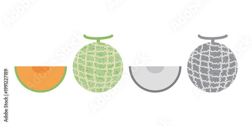 メロンのイラストセット（カラーと白黒）