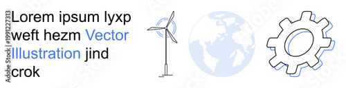 Renewable energy, global cooperation, industrial innovation, sustainability, technology advancement, ecological solutions. Wind turbine, globe and gear symbols. Renewable energy and global