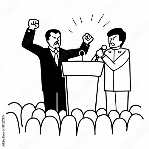 Fiery politician shouts into microphone, standing behind podium and expressing far-right ideas to improve people lives. Fierce left-wing politician insults opponents to win pre-election ... See More