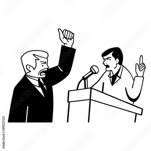 Fiery politician shouts into microphone, standing behind podium and expressing far-right ideas to improve people lives. Fierce left-wing politician insults opponents to win pre-election ... See More