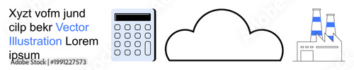 Cloud computing, industry automation, financial calculation, technology, data storage, digital solutions. Calculator, cloud and factory icon with blue accents. Cloud computing and industry