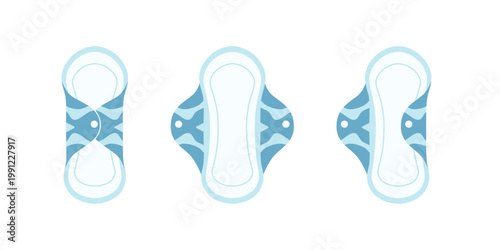 Sanitary Pad Variations Top View Flat Illustration Set. Sanitary Napkin Set Flat Style. Menstrual Pad Design Variants Icon Pack.