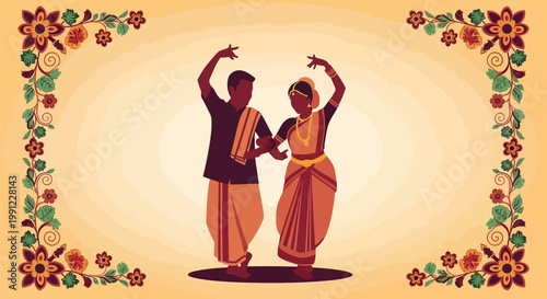 Indian couple performing traditional classical dance in ethnic attire.