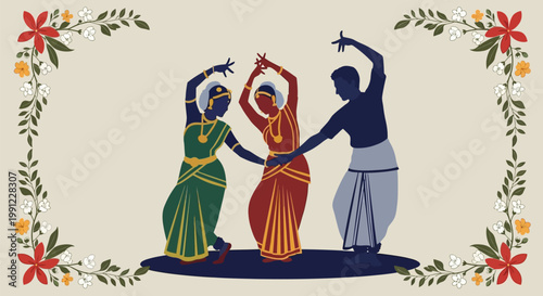 Indian classical dancers in traditional attire performing cultural dance.