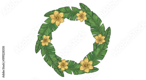 Watercolor tropical wreath with exotic flowers and palm leaves.