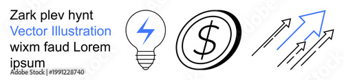 Business strategy, financial growth, technological innovation, energy solutions, economic development, creative concepts. Light bulb with a lightning bolt, dollar symbol, and arrows pointing upward