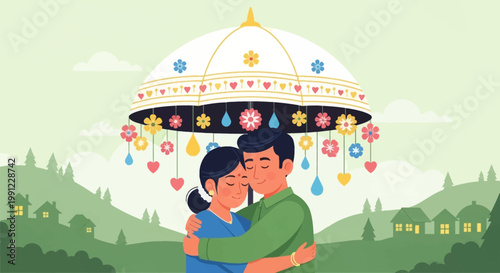 A loving couple embracing under a beautiful traditional decorative umbrella.