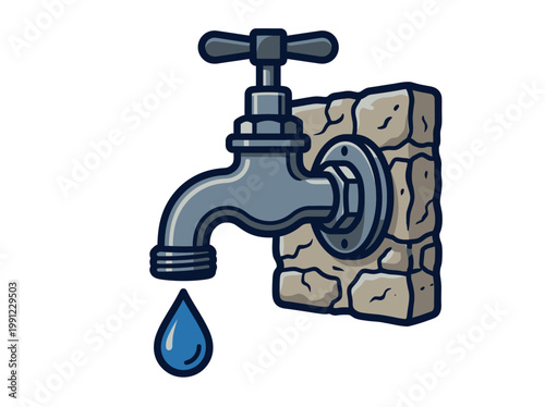 A metal hinge hardware piece holds a faucet on a stone wall with a drop falling.