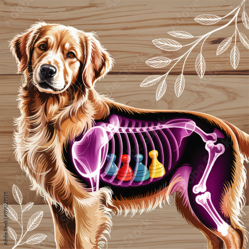 Golden Retriever Anatomy Illustration with Skeletal Overlay and Colorful Board Game Pieces on Rustic Wood Background