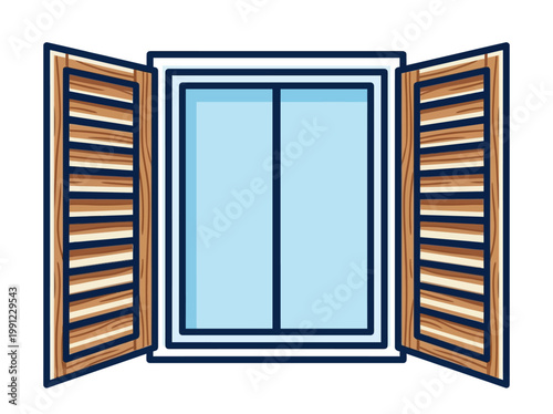 An illustration of a window with open shutters on a sunny day