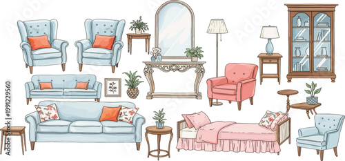 Vintage furniture vector set featuring hand drawn living room sofas wingback chairs and bedroom decor in a soft watercolor style