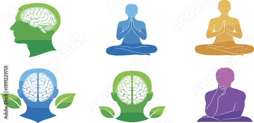 Mental health and wellness vector icon set featuring 6 symbols including brain silhouettes mindfulness meditation and organic growth in a flat style