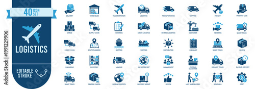 Logistics and supply chain icon set. Editable stroke. Cargo shipping, freight truck, warehouse inventory, delivery box and global distribution vector line symbols